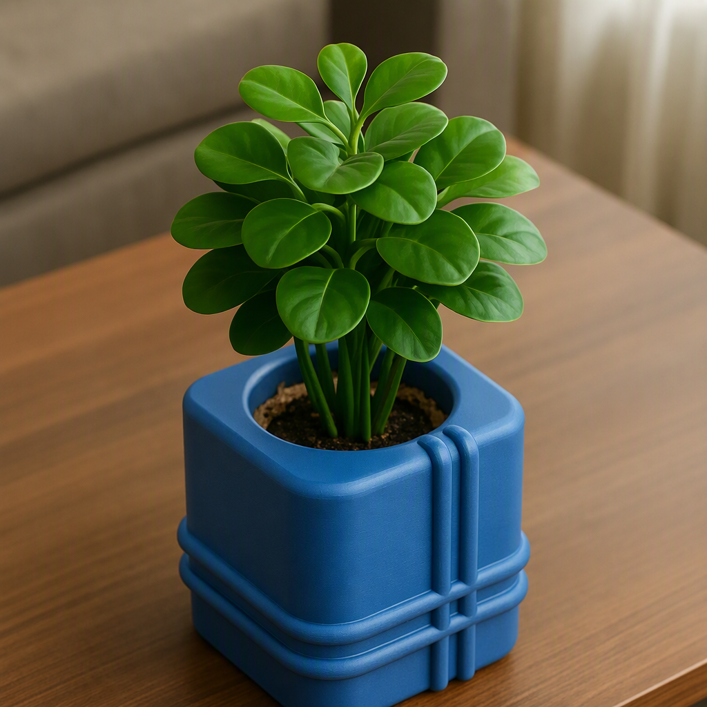 3D Baskı Square Planter - Izgara Desenli Küp Saksı-Mavi