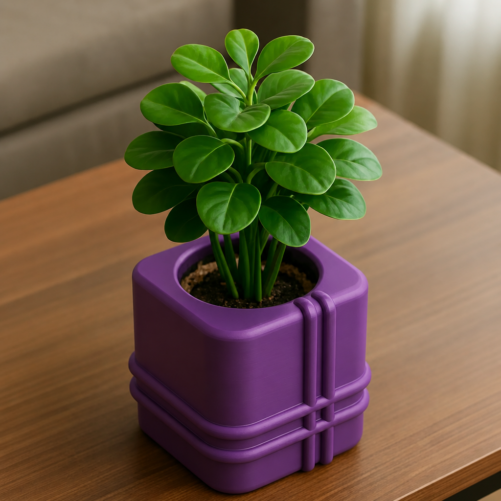 3D Baskı Square Planter - Izgara Desenli Küp Saksı-Mor