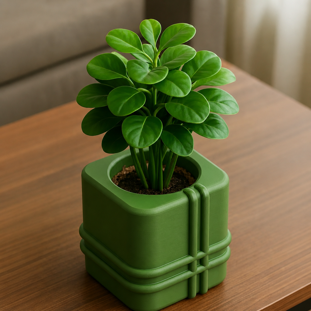 3D Baskı Square Planter - Izgara Desenli Küp Saksı-Yeşil
