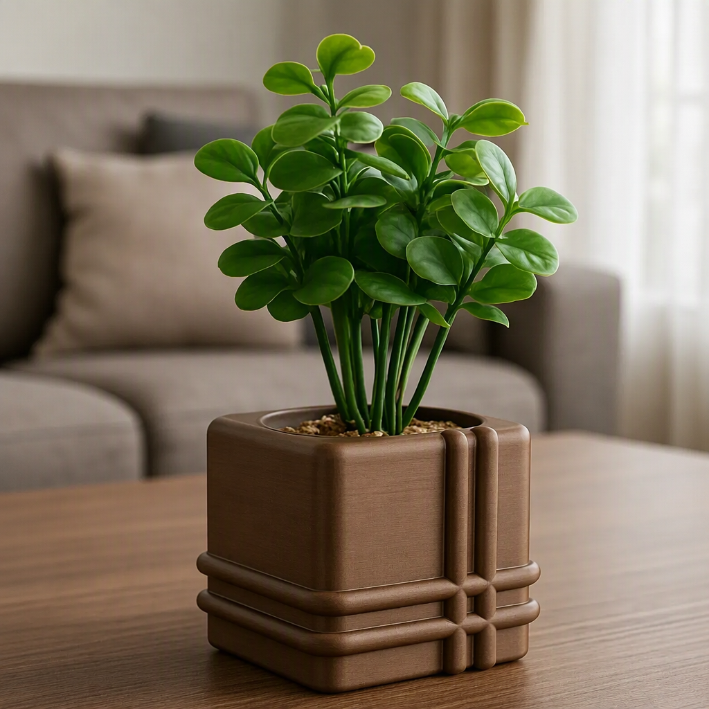 3D Baskı Square Planter - Izgara Desenli Küp Saksı-Kahverengi