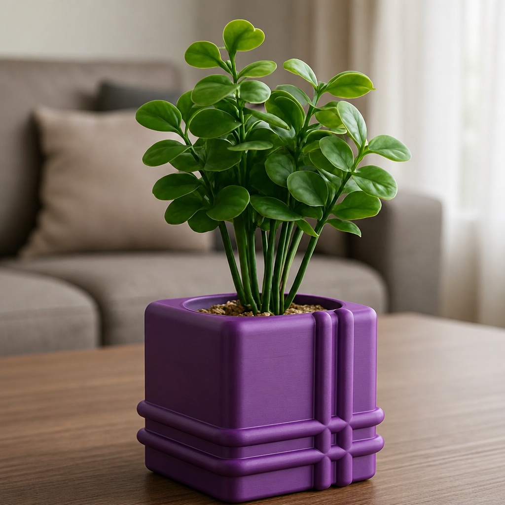 3D Baskı Square Planter - Izgara Desenli Küp Saksı-Mor