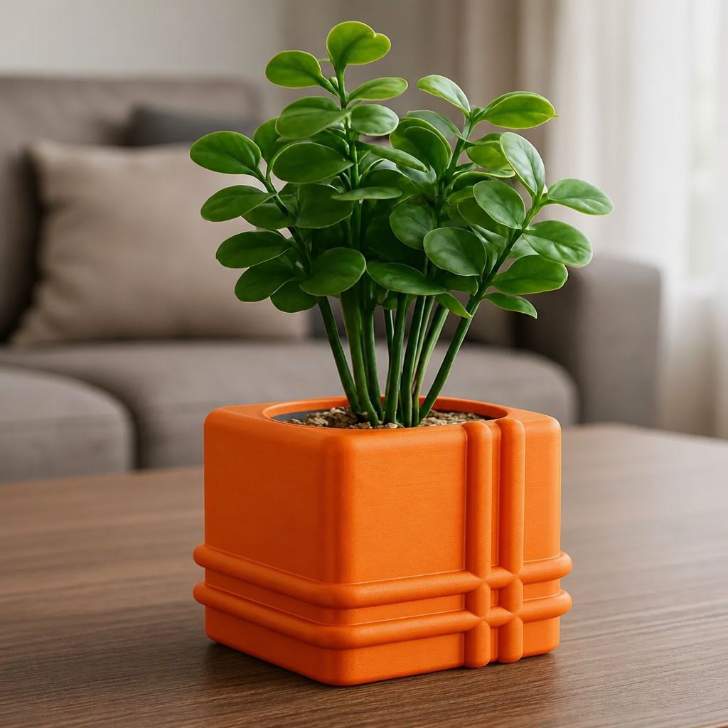 3D Baskı Square Planter - Izgara Desenli Küp Saksı-Turuncu