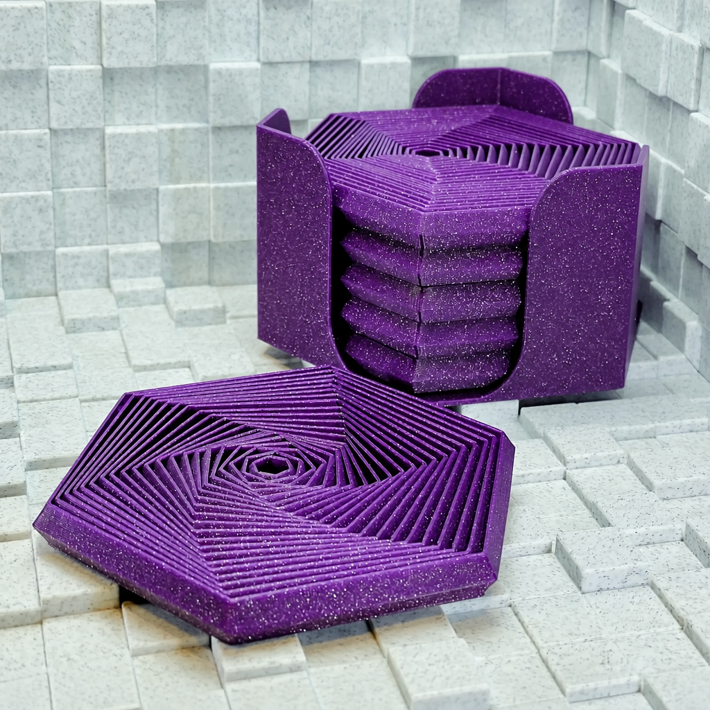 3D Baskı Super Fidget Coaster Seti - Altıgen Desenli Bardak Altlığı ve Tutucu-Mor