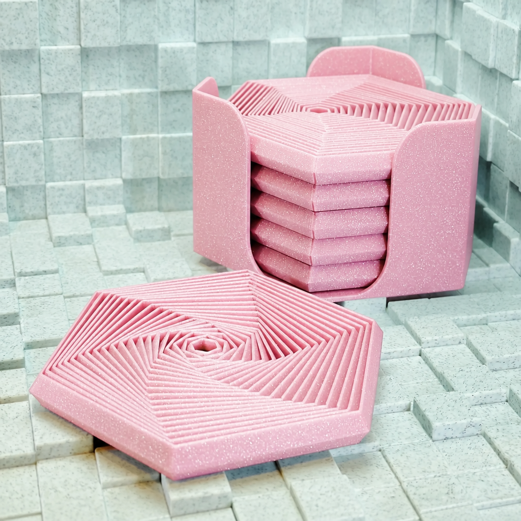 3D Baskı Super Fidget Coaster Seti - Altıgen Desenli Bardak Altlığı ve Tutucu-Pembe