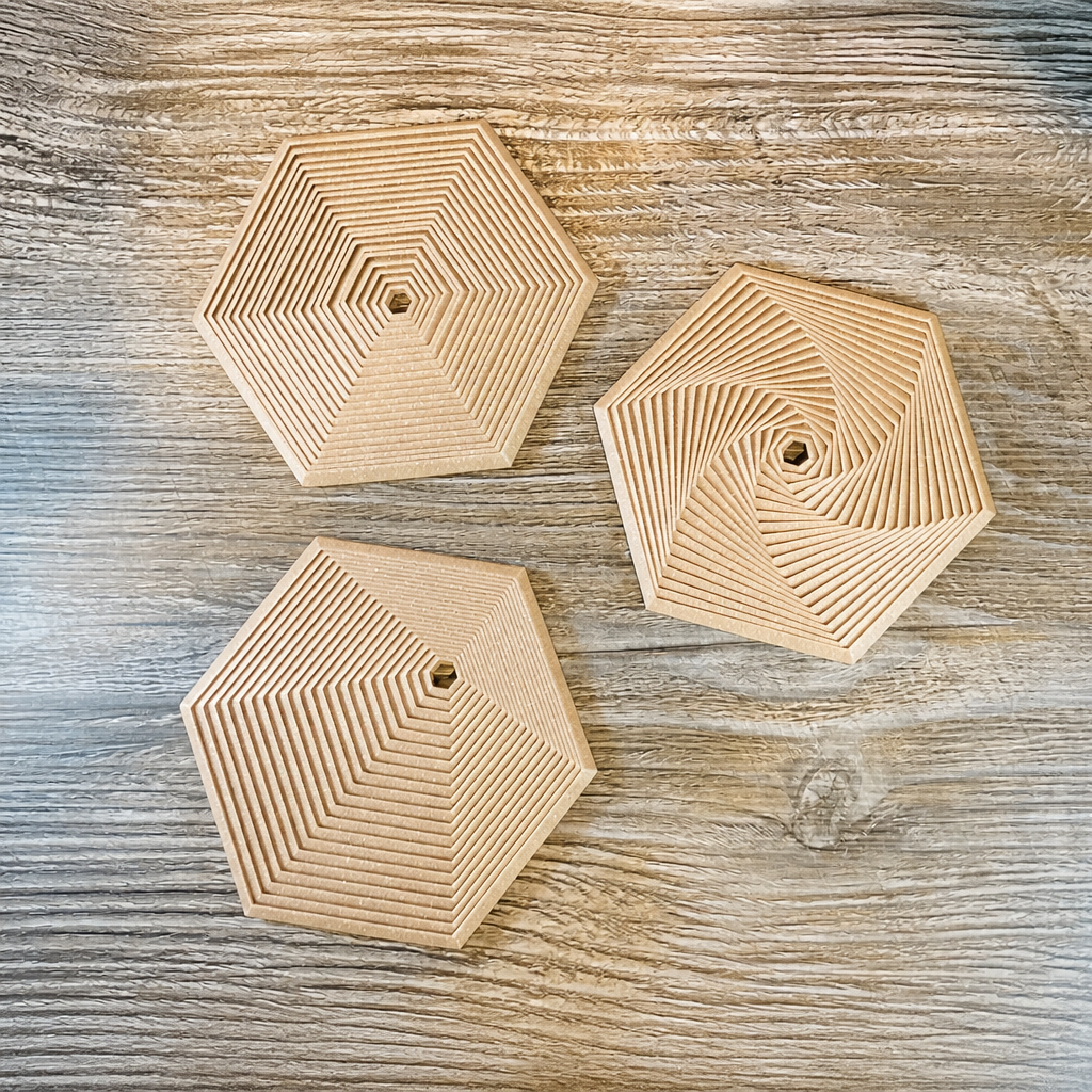 3D Baskı Super Fidget Coaster Seti - Altıgen Desenli Bardak Altlığı ve Tutucu-Bej