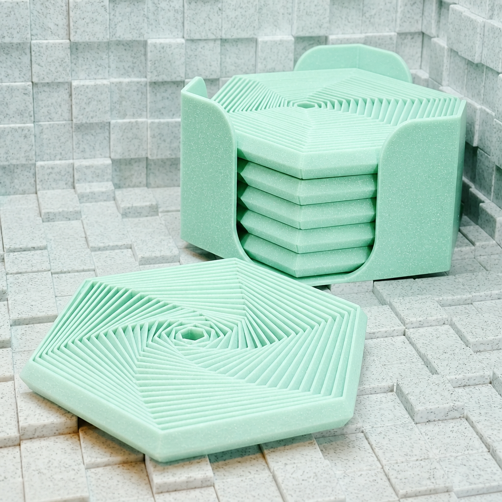 3D Baskı Super Fidget Coaster Seti - Altıgen Desenli Bardak Altlığı ve Tutucu-Mint