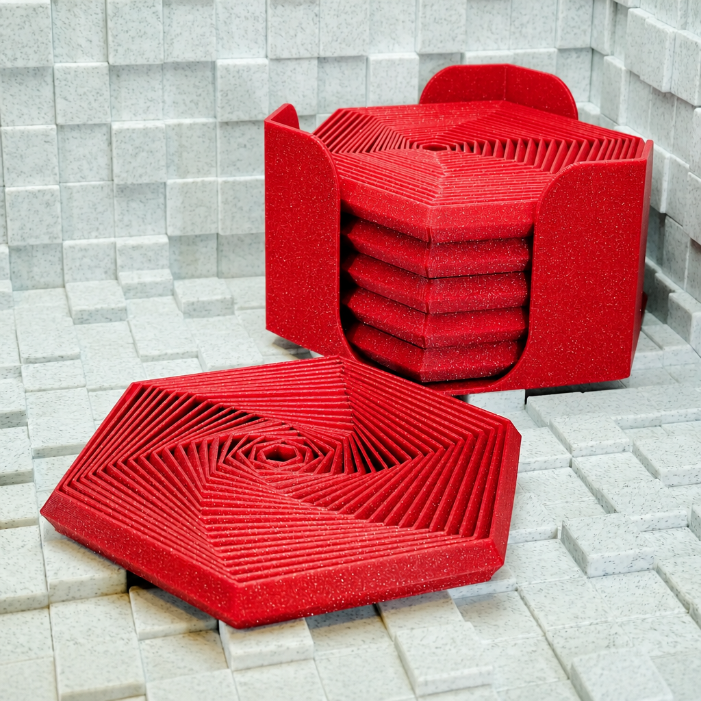 3D Baskı Super Fidget Coaster Seti - Altıgen Desenli Bardak Altlığı ve Tutucu-Kırmızı