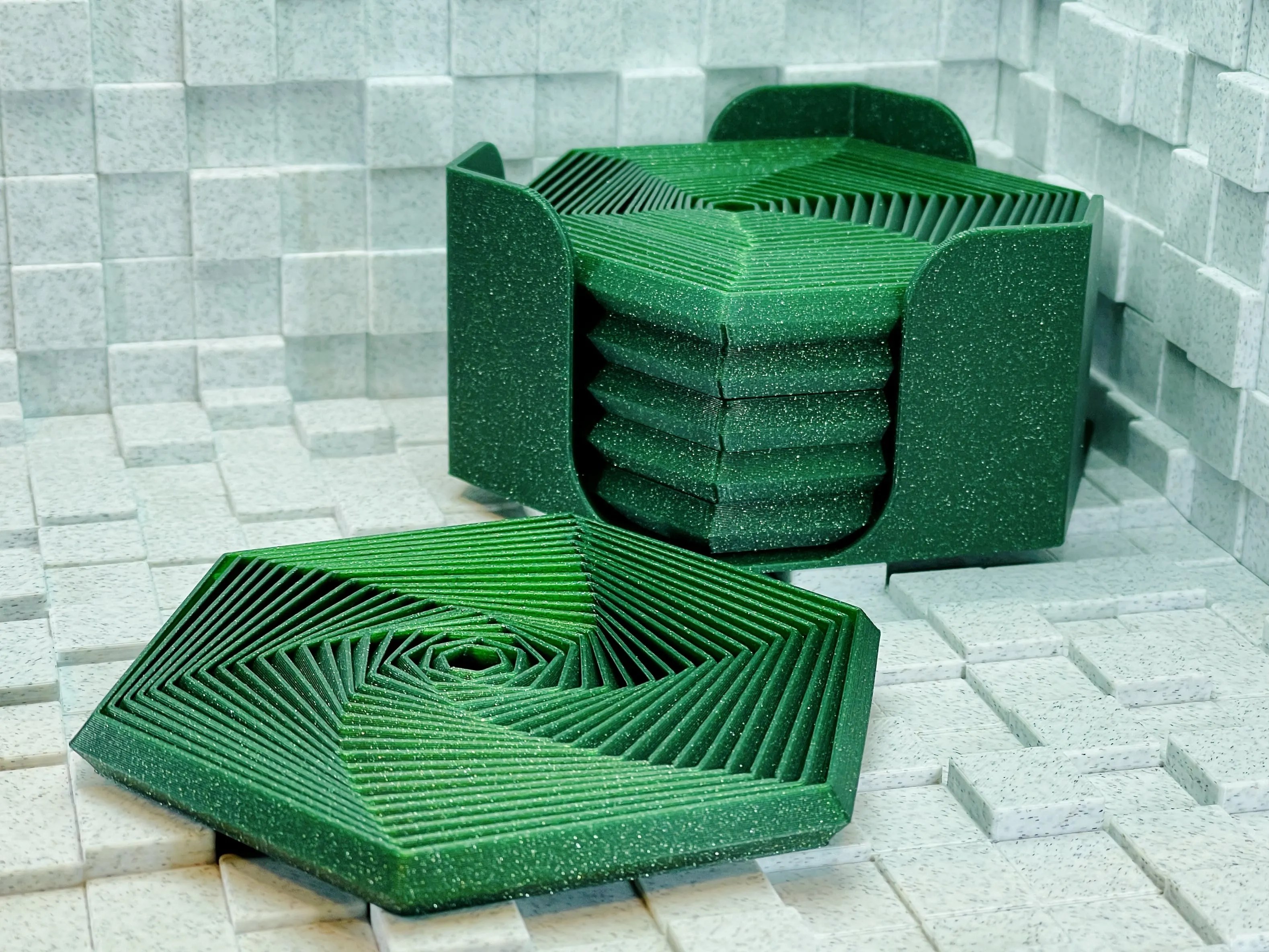 3D Baskı Super Fidget Coaster Seti - Altıgen Desenli Bardak Altlığı ve Tutucu-Yeşil
