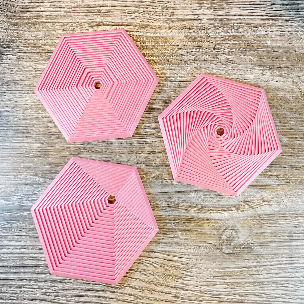 3D Baskı Super Fidget Coaster Seti - Altıgen Desenli Bardak Altlığı ve Tutucu-Pembe