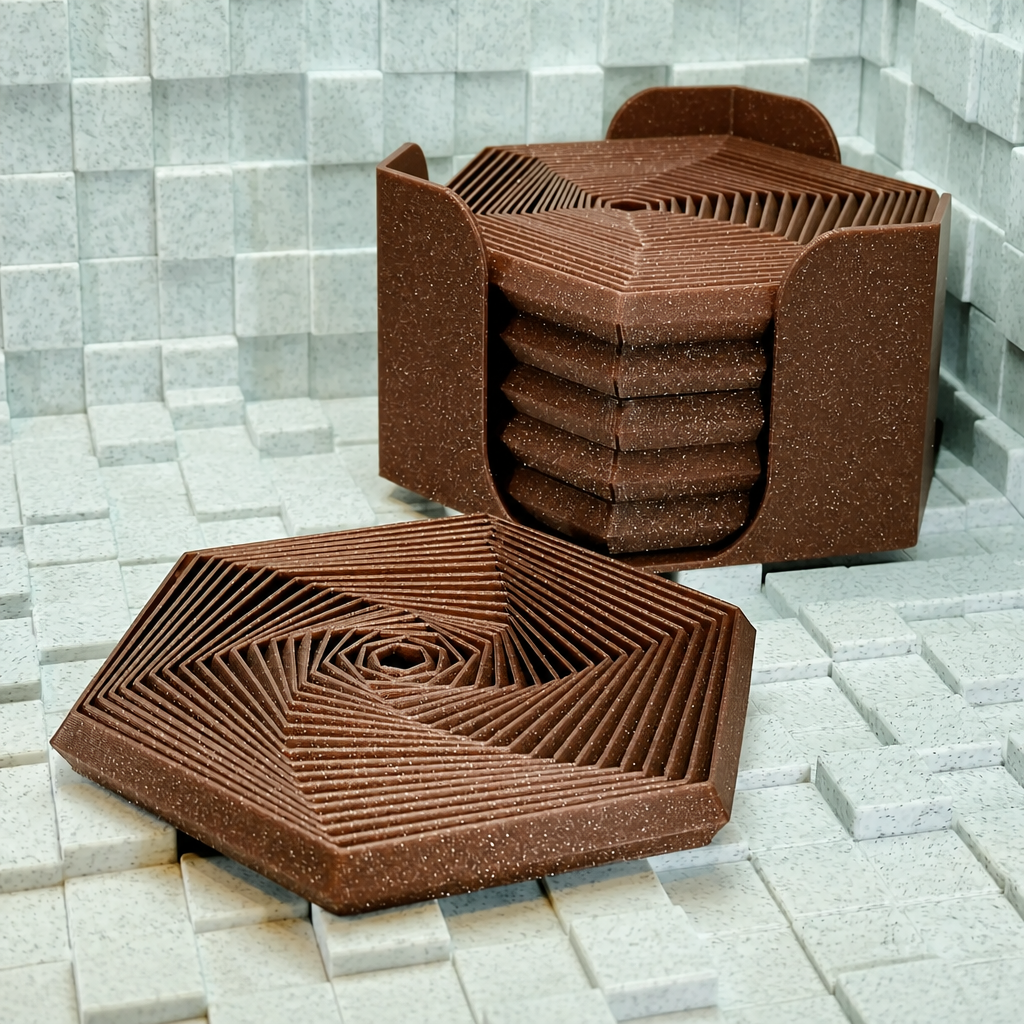 3D Baskı Super Fidget Coaster Seti - Altıgen Desenli Bardak Altlığı ve Tutucu-Kahverengi