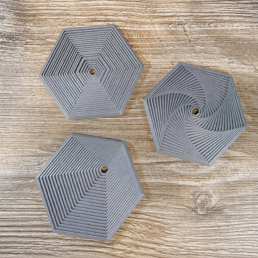 3D Baskı Super Fidget Coaster Seti - Altıgen Desenli Bardak Altlığı ve Tutucu-Gri