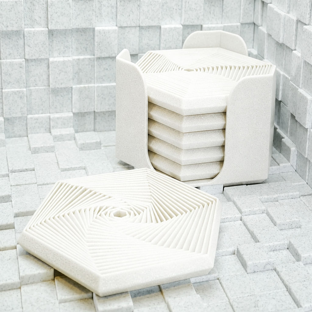 3D Baskı Super Fidget Coaster Seti - Altıgen Desenli Bardak Altlığı ve Tutucu-Beyaz