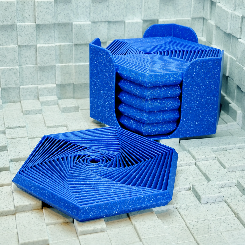 3D Baskı Super Fidget Coaster Seti - Altıgen Desenli Bardak Altlığı ve Tutucu-Mavi