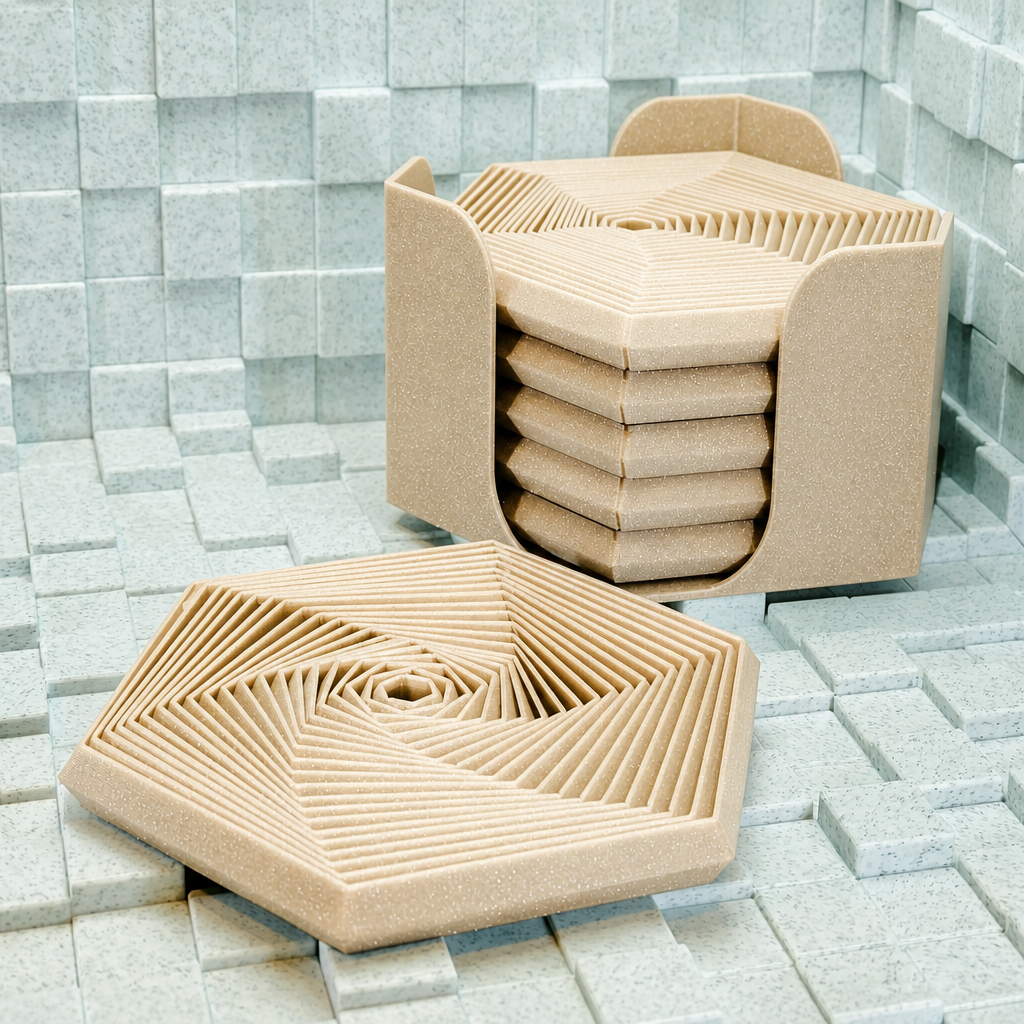 3D Baskı Super Fidget Coaster Seti - Altıgen Desenli Bardak Altlığı ve Tutucu-Bej
