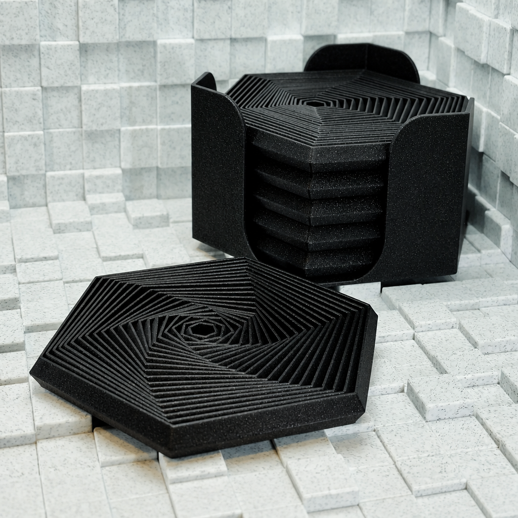 3D Baskı Super Fidget Coaster Seti - Altıgen Desenli Bardak Altlığı ve Tutucu-Siyah