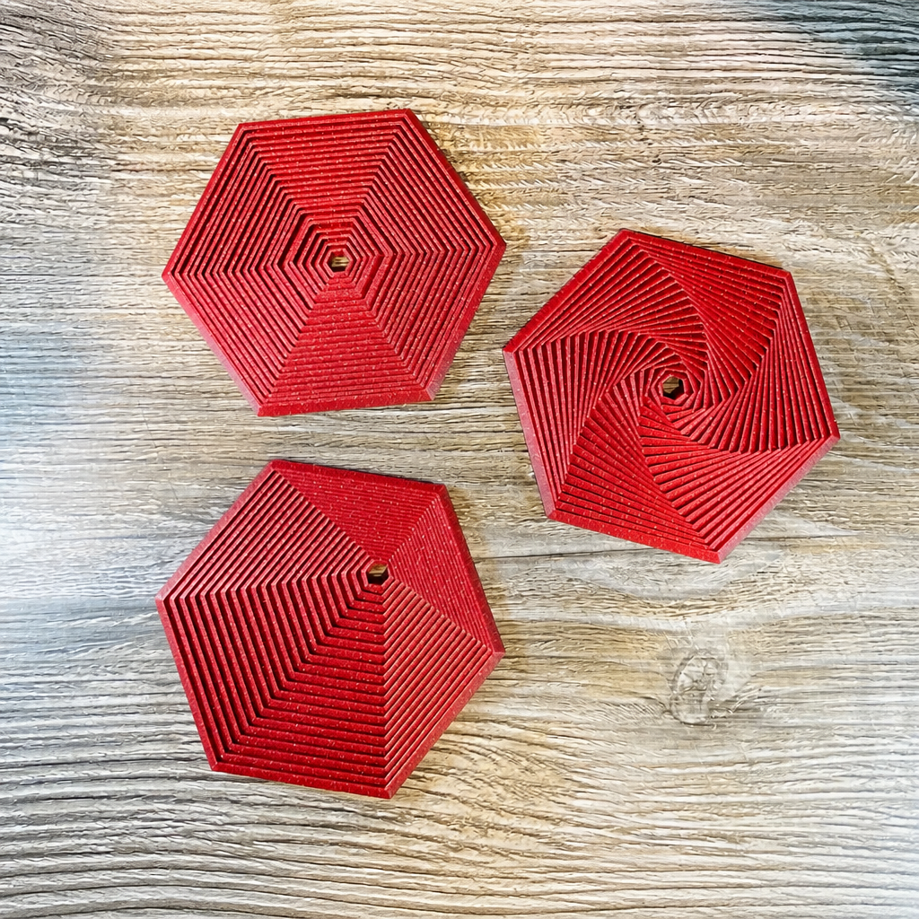 3D Baskı Super Fidget Coaster Seti - Altıgen Desenli Bardak Altlığı ve Tutucu-Kırmızı