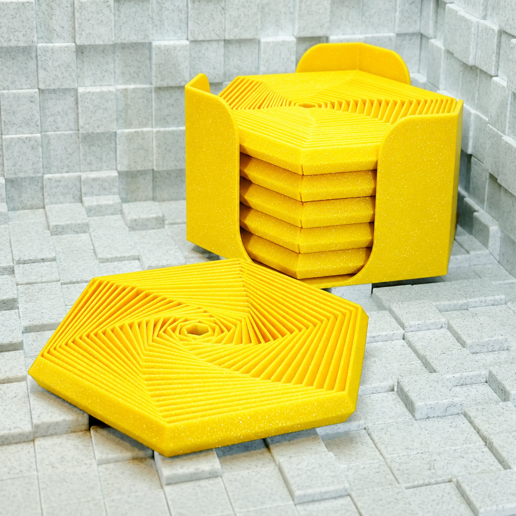 3D Baskı Super Fidget Coaster Seti - Altıgen Desenli Bardak Altlığı ve Tutucu-Sarı