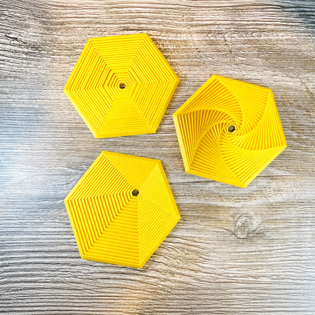 3D Baskı Super Fidget Coaster Seti - Altıgen Desenli Bardak Altlığı ve Tutucu-Sarı