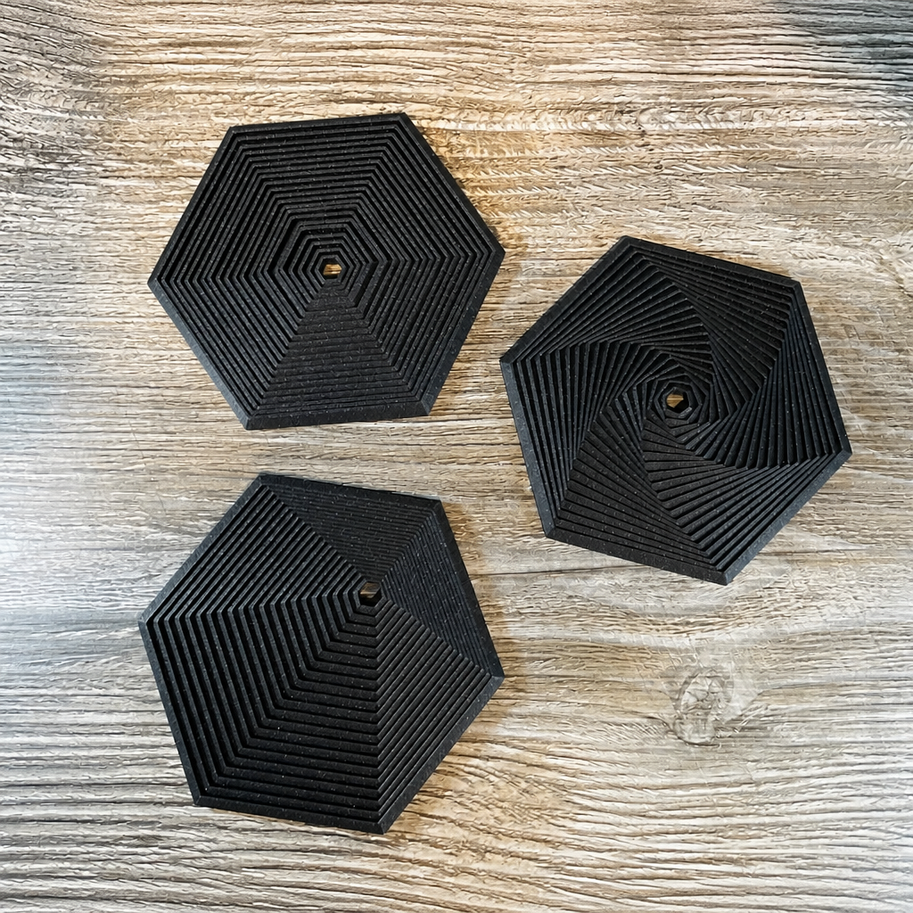 3D Baskı Super Fidget Coaster Seti - Altıgen Desenli Bardak Altlığı ve Tutucu-Siyah
