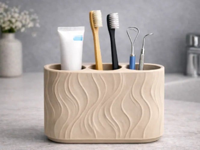 3D Baskı Üç Bölmeli Diş Fırçalık Dalga Desenli Banyo Organizeri Minimalist Diş Fırçası Tutucu Bej