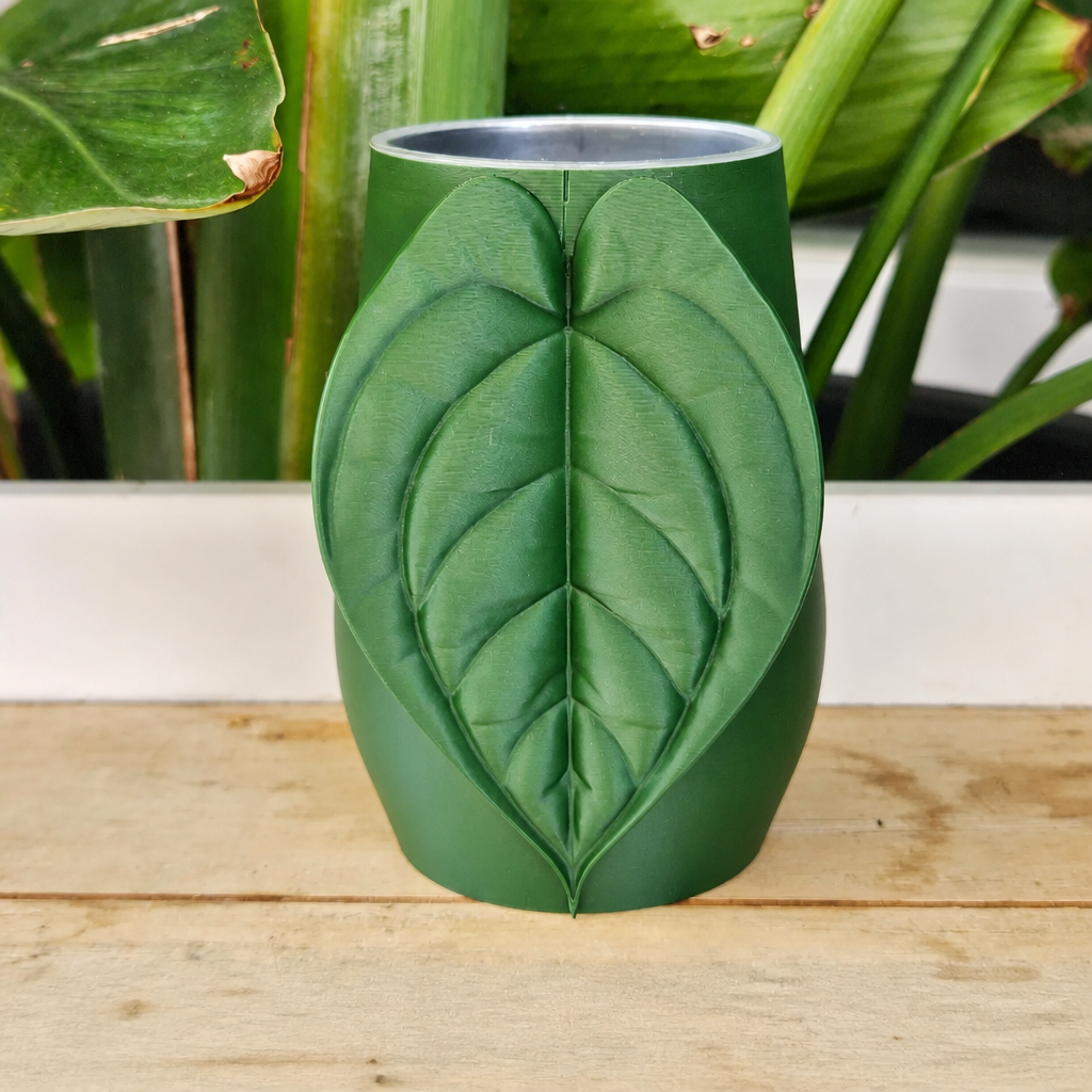 3D Baskı Yaprak Desenli Kap - Kalp Yaprağı Süslemeli Dekoratif Kap-Yeşil