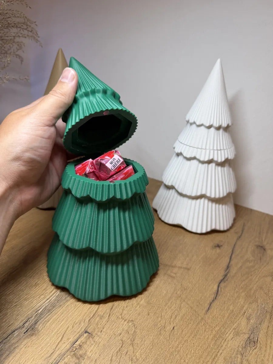 3D Baskı Yılbaşı Ağacı Şeklinde Gizli Hazneli Şeker ve Hediye Kutusu Kapaklı Süs Kutusu Yeşil