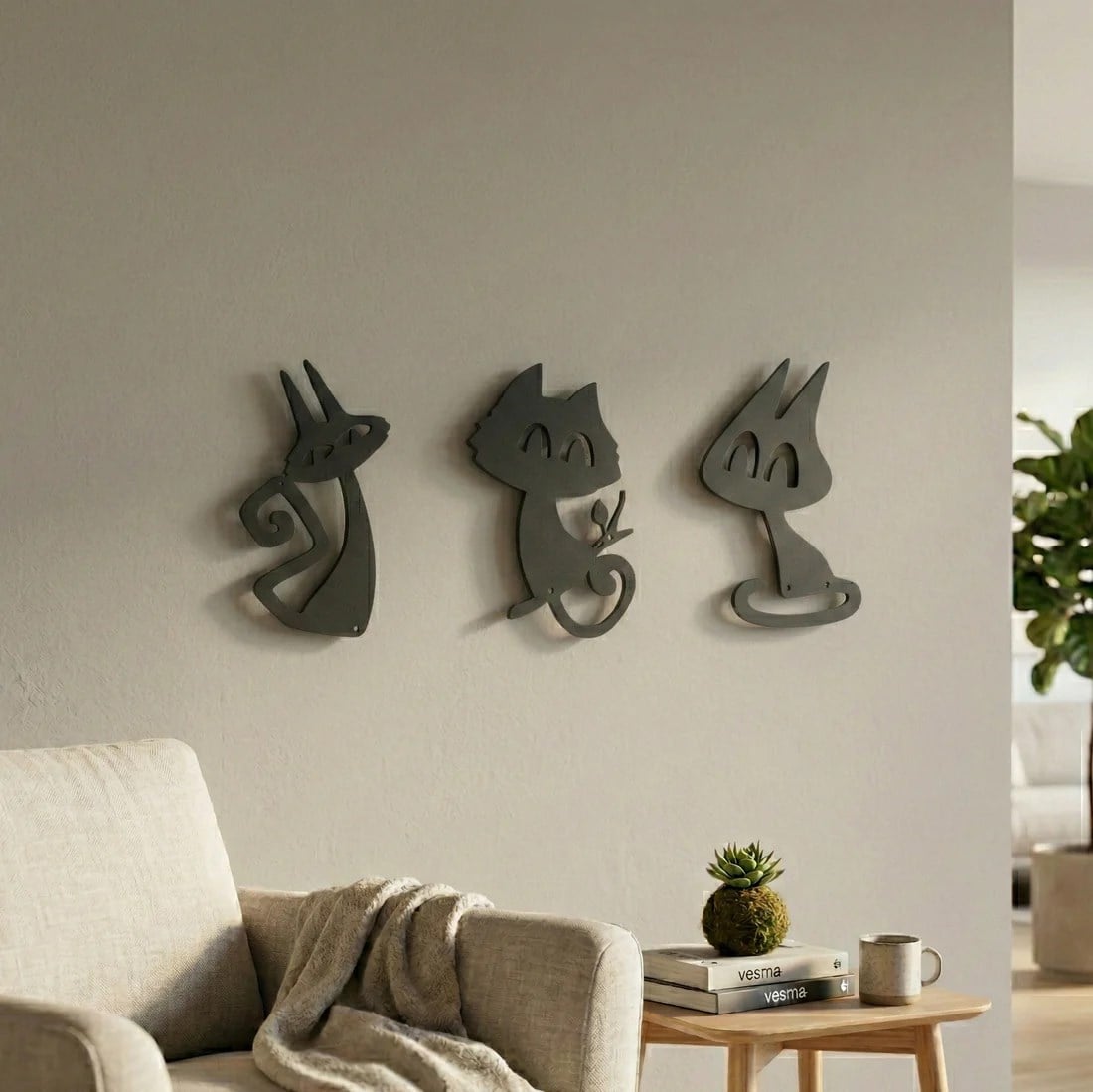 3’lü Dekoratif Kedi Duvar Tablosu MDF Lazer Kesim Modern Duvar Süsü Minimal Kedi Figürlü Dekor