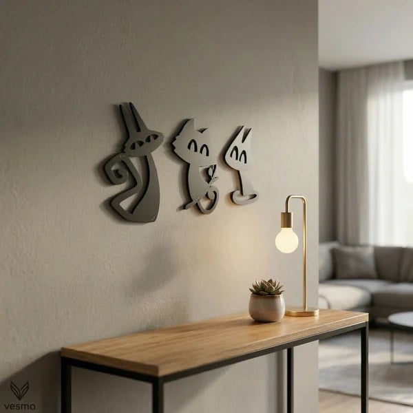 3’lü Dekoratif Kedi Duvar Tablosu MDF Lazer Kesim Modern Duvar Süsü Minimal Kedi Figürlü Dekor