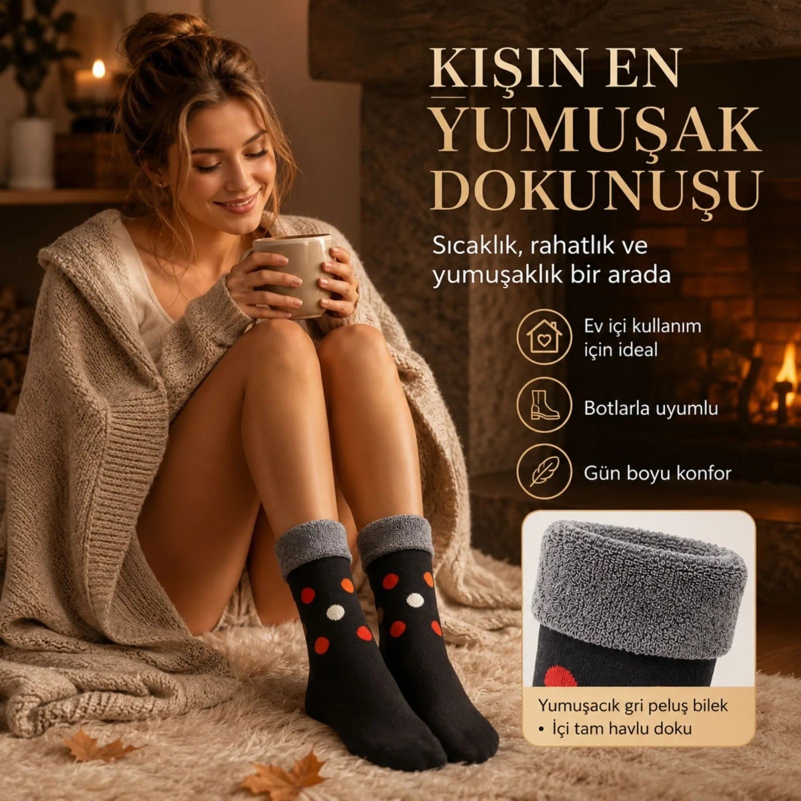 3’lü Kadın Kışlık Havlu Çorap Sıcak Tutan Yumuşak Karışık Desenli Günlük Çorap Seti