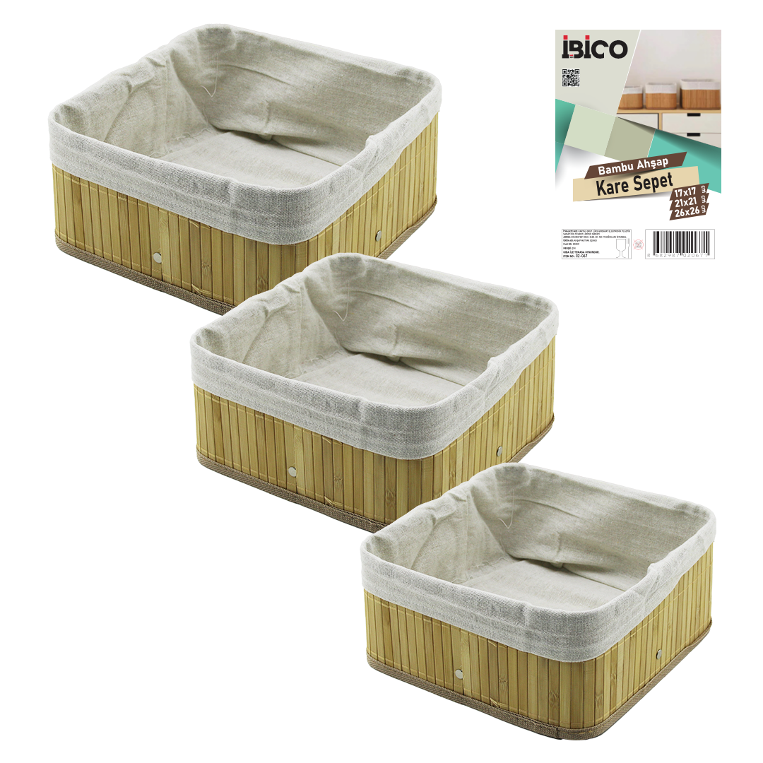 3lü Kare Organizer Sepet Seti - Bambu Kenarlı Ahşap Taban Bez Astarlı (17x17 / 21x21 / 26x26 cm)