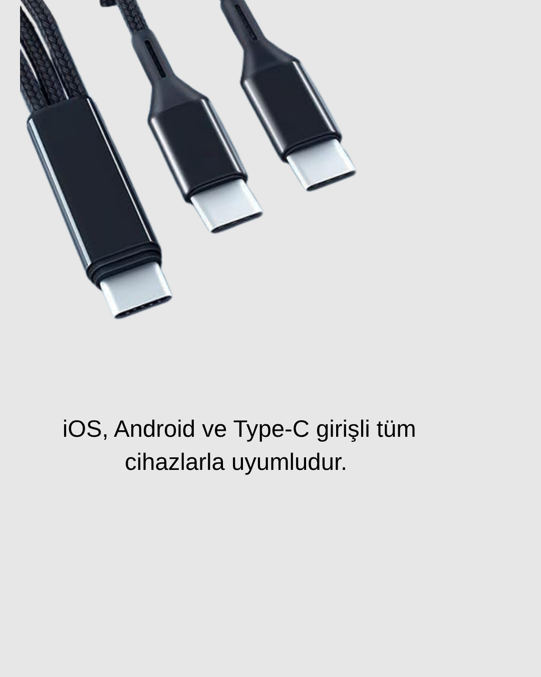 3’ü 1 Arada Hızlı Şarj Kablosu iOS Android Type-C Uyumlu ve Dayanıklı