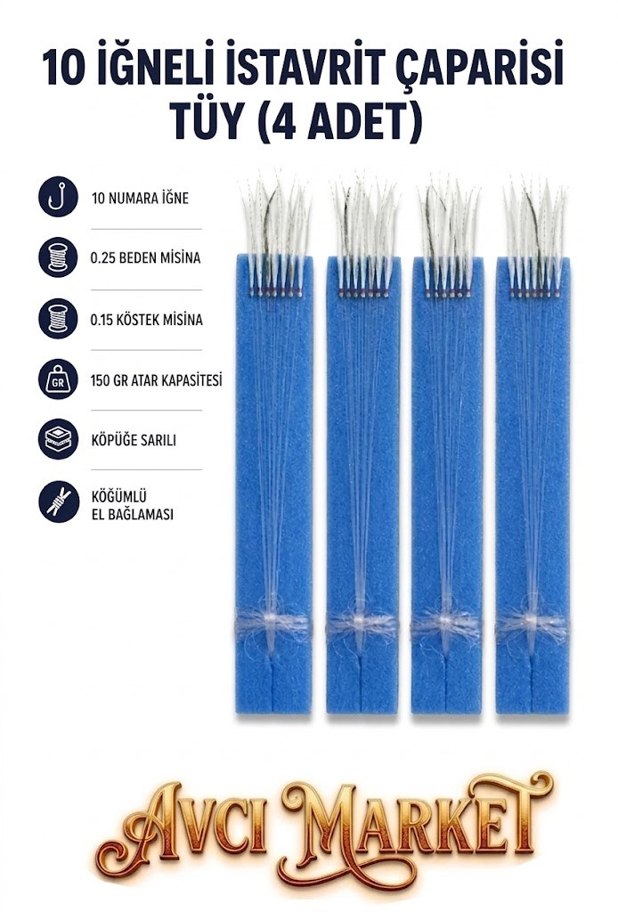 4 Adet -  10 Numara İğne - 10 İğneli - 150gr Atarlı 0.25 Beden 0.15 Köstek Beyaz Tüy Çapari