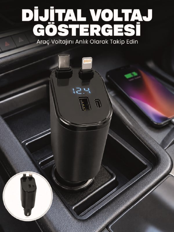 4 Cihazı Aynı Anda Şarj Eden Araç Şarj Cihazı USB-A, USB-C, Type-C ve Lightning Destekli
