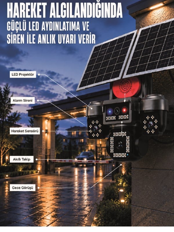 4 Kameralı 4G SIM Kart Destekli Güneş Enerjili Akıllı Güvenlik Kamerası