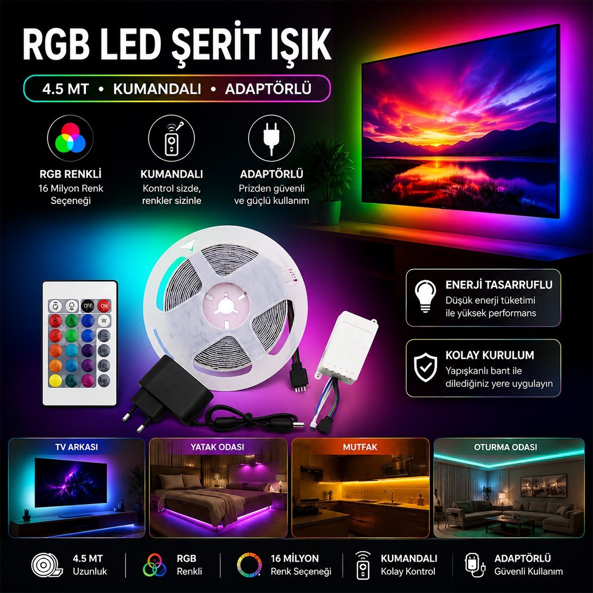 4.5 m RGB LED Şerit 54 LED/m Kumandalı Adaptörlü