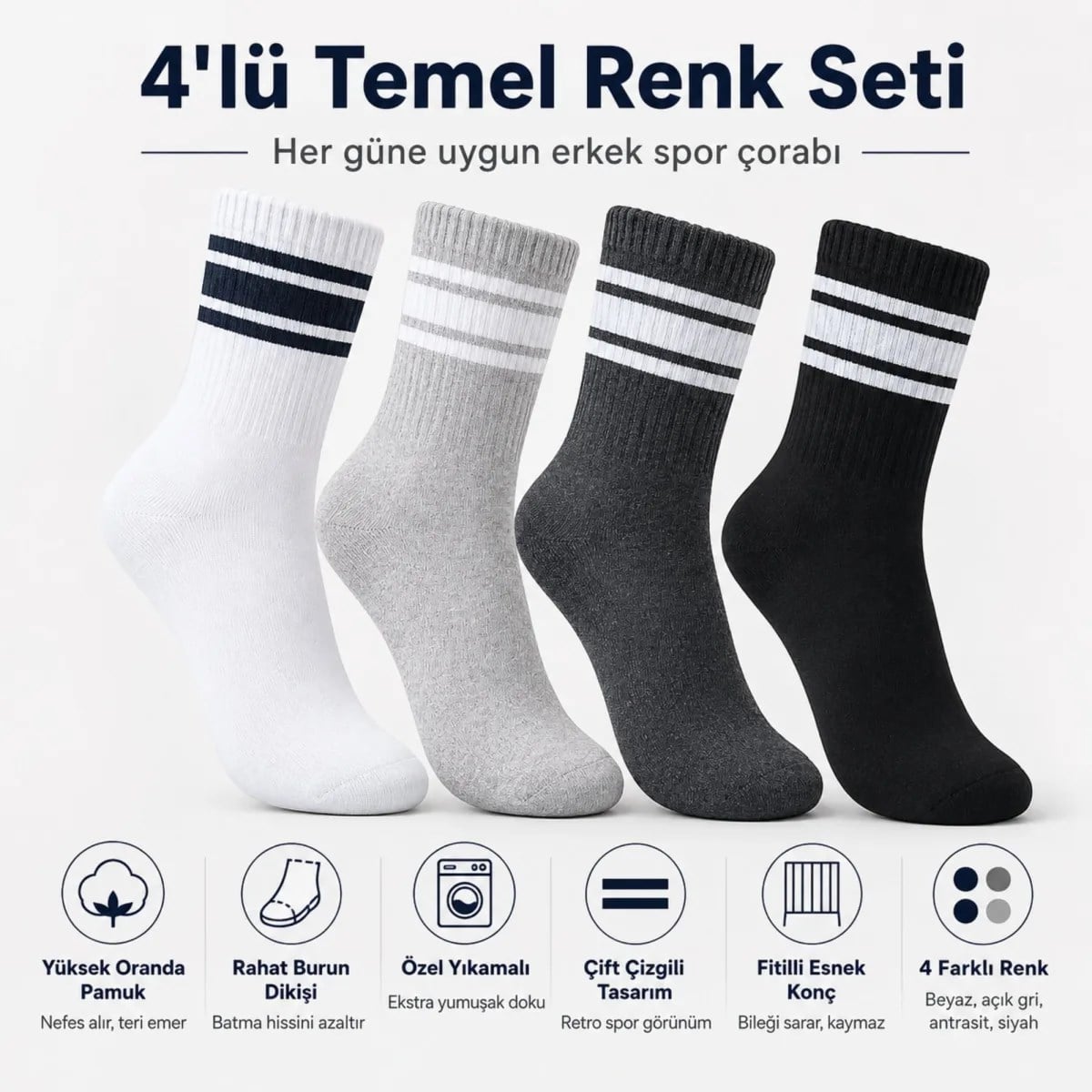 4'lü Çizgili Erkek Spor Çorabı Seti Pamuklu Fitilli Rahat Burunlu Beyaz Gri Siyah