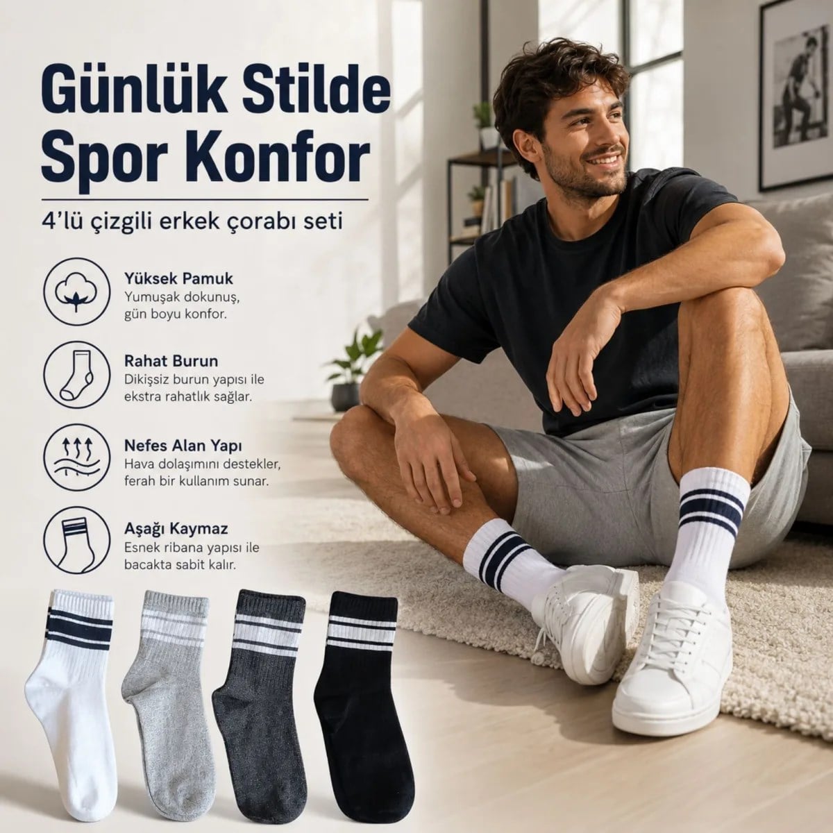 4'lü Çizgili Erkek Spor Çorabı Seti Pamuklu Fitilli Rahat Burunlu Beyaz Gri Siyah