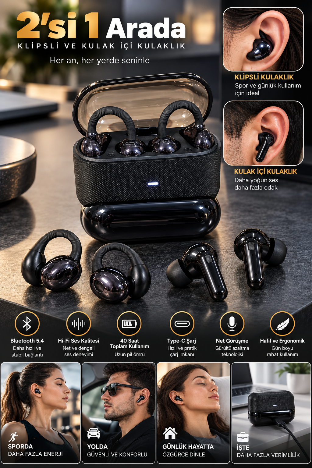 4’lü Kablosuz Bluetooth Kulaklık Klipsli ve Kulak İçi Tasarım Siyah