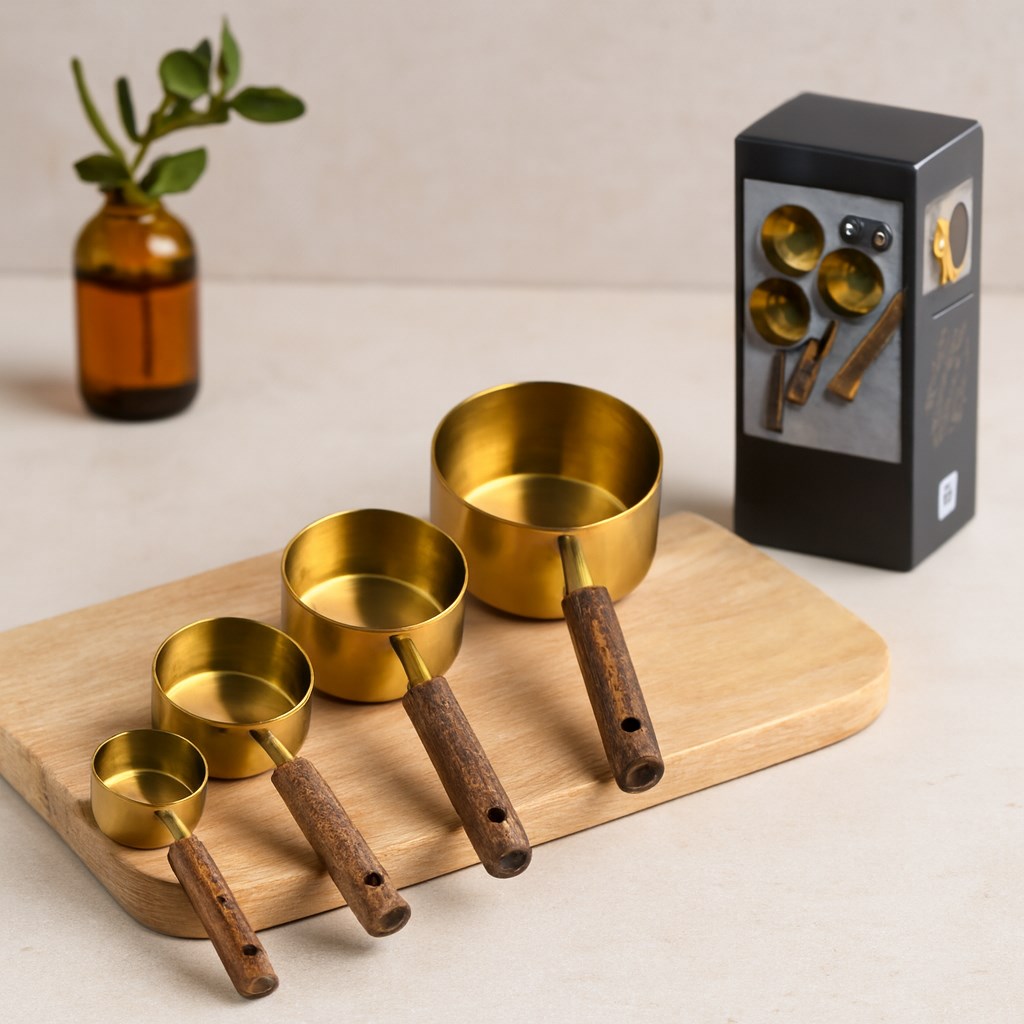 4lü ölçü kaşık seti (250/125/80/60 ml) - gold metal ahşap saplı