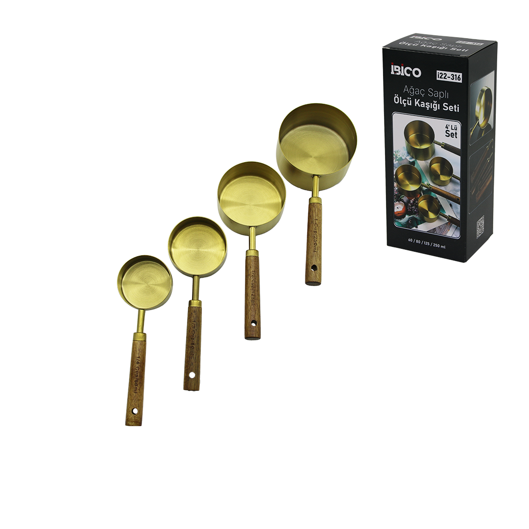 4lü ölçü kaşık seti (250/125/80/60 ml) - gold metal ahşap saplı