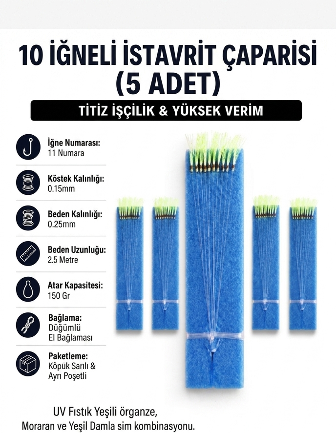 5 Adet - 11 Numara Beyaz İğne Yeşil Sim - 10 İğneli İstavrit Çaparisi 0.25 Beden 0.15 Köstek