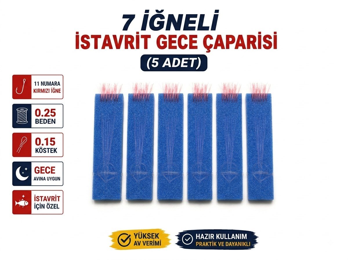 5 Adet - 11 Numara Kırmızı İğne Pembe Simli - 7 İğneli İstavrit Gece Çaparisi 0.25 Beden 0.15 Köstek