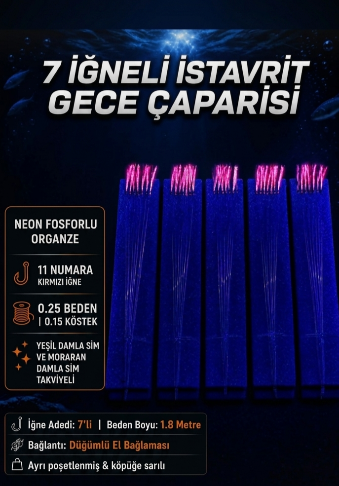 5 Adet - 11 Numara Kırmızı İğne Pembe Simli - 7 İğneli İstavrit Gece Çaparisi 0.25 Beden 0.15 Köstek