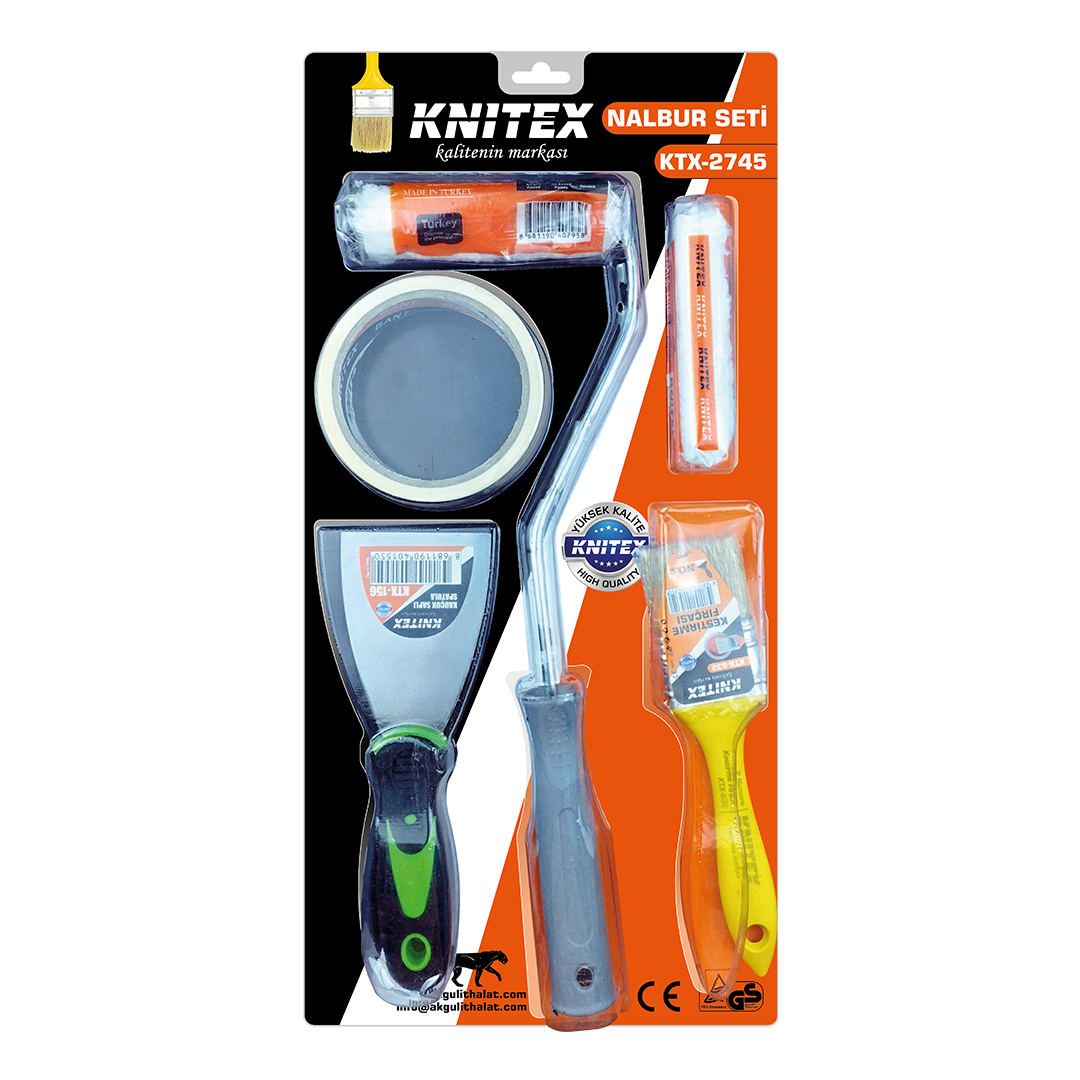 5 Parça Boyacı Seti (Spatula, Kestirme Fırça, Yedek Rulo, Bant, 10 cm Fırça)