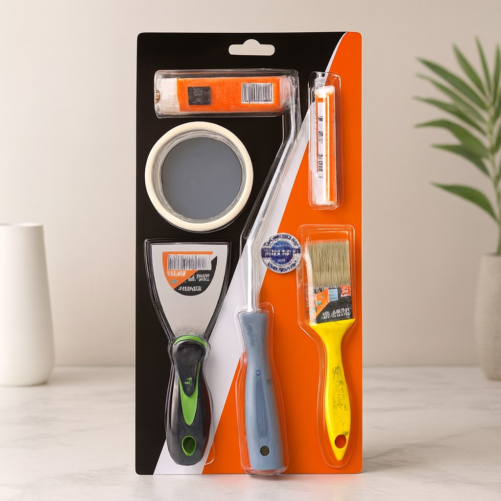 5 Parça Boyacı Seti (Spatula, Kestirme Fırça, Yedek Rulo, Bant, 10 cm Fırça)