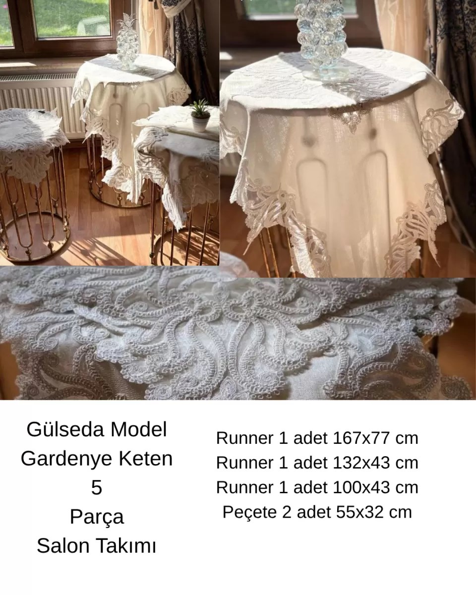 5 Parça Gülseda Model Krem-Krem Keten Dantelli Runner Seti Çeyizlik Salon Takımı