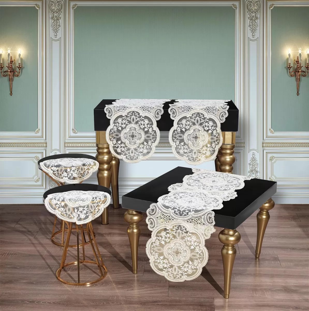 5 Parça Krem Alya Salon Takımı Dantelli Runner Masa Örtüsü Modern Tasarım