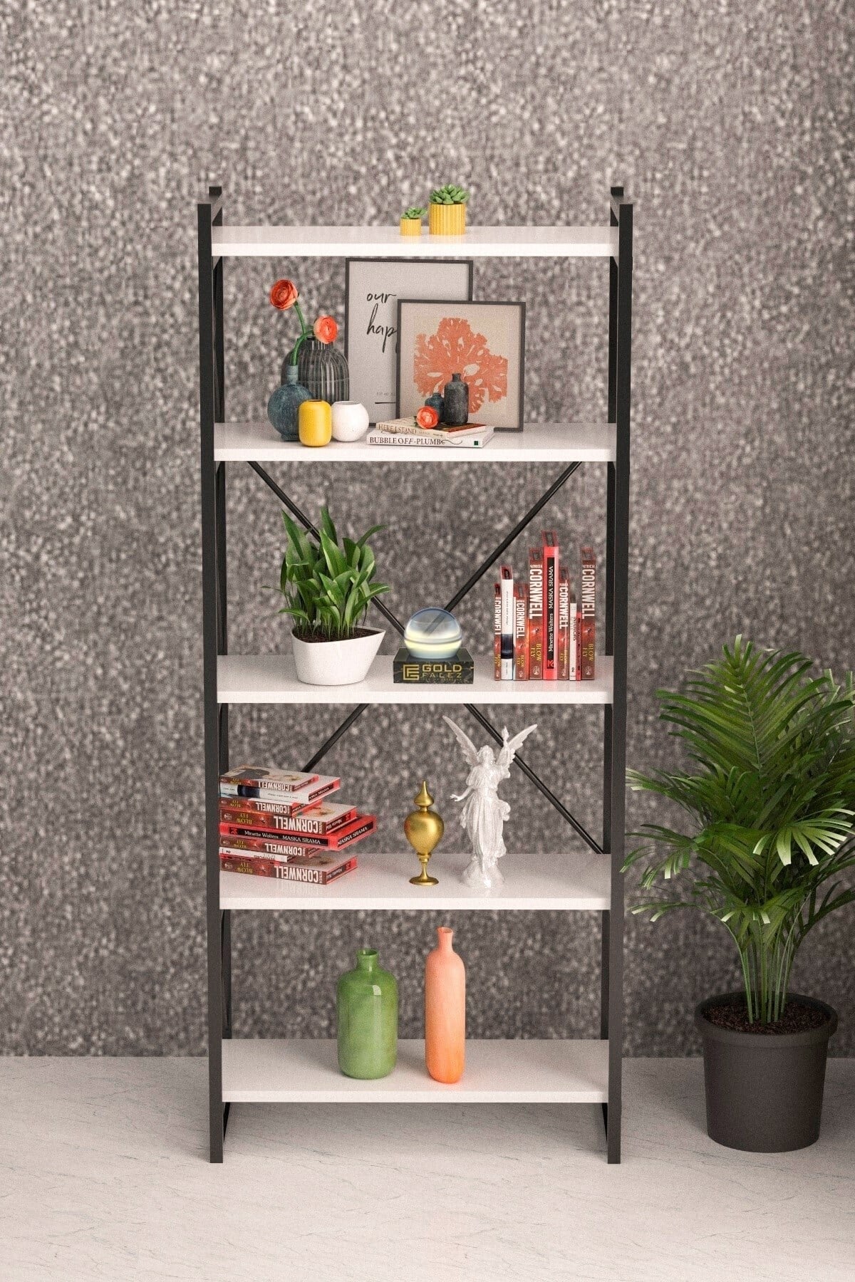 5 Raflı Metal Kitaplık Beyaz 180 cm