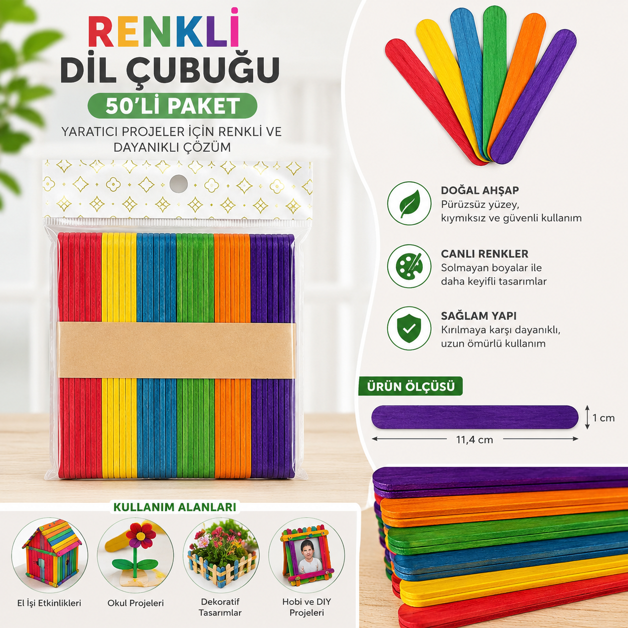 50’li Renkli Dil Çubuğu Ahşap Hobi Çubuğu | El İşi Okul Proje ve DIY Etkinlik Çubukları