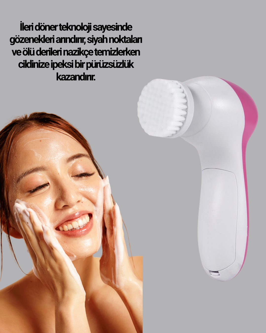 5’i 1 Arada Yüz Temizleme Cihazı – Masaj, Fırça, Peeling ve Krem Uygulama Aparatlı